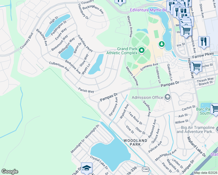 map of restaurants, bars, coffee shops, grocery stores, and more near 1773 Parish Way in Myrtle Beach