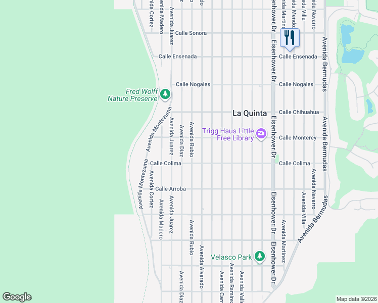 map of restaurants, bars, coffee shops, grocery stores, and more near 53385 Avenue Rubio in La Quinta