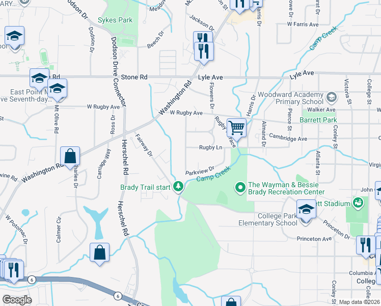 map of restaurants, bars, coffee shops, grocery stores, and more near 3504 Parkview Drive in College Park