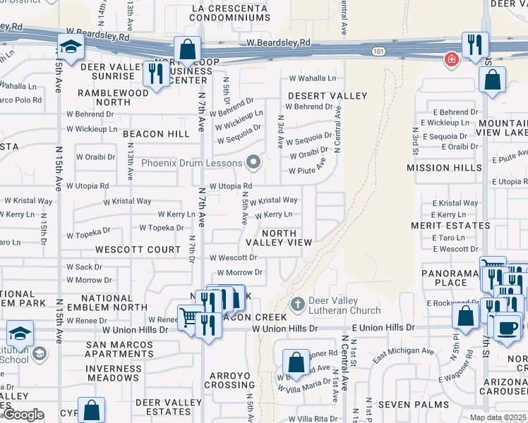 map of restaurants, bars, coffee shops, grocery stores, and more near 332 West Kerry Lane in Phoenix