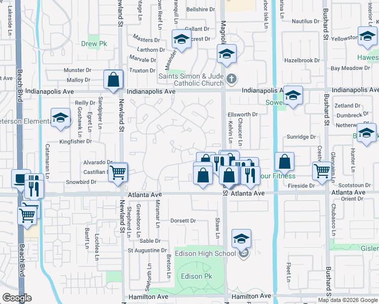 map of restaurants, bars, coffee shops, grocery stores, and more near 8777 Tulare Drive in Huntington Beach