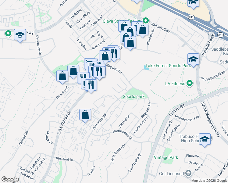map of restaurants, bars, coffee shops, grocery stores, and more near 11 Silver Spruce Court in Lake Forest