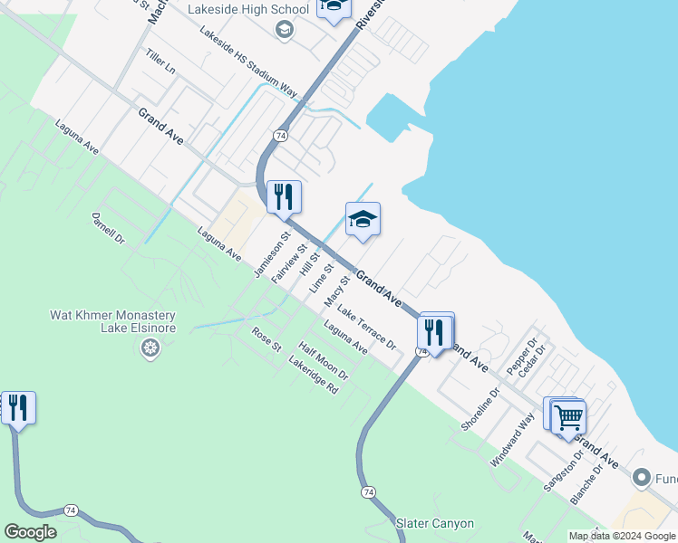 map of restaurants, bars, coffee shops, grocery stores, and more near 33027 Macy Street in Lake Elsinore