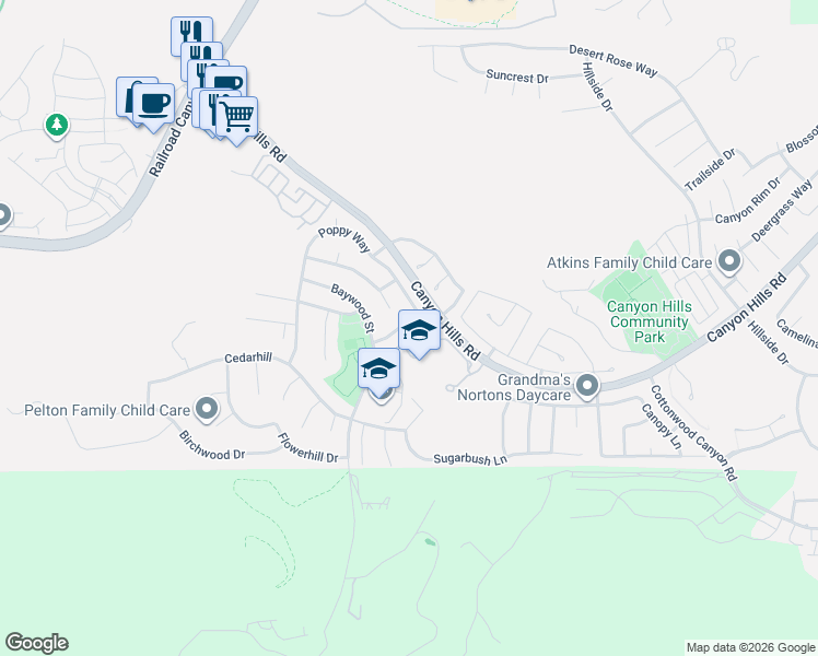 map of restaurants, bars, coffee shops, grocery stores, and more near 32094 Poppy Way in Lake Elsinore