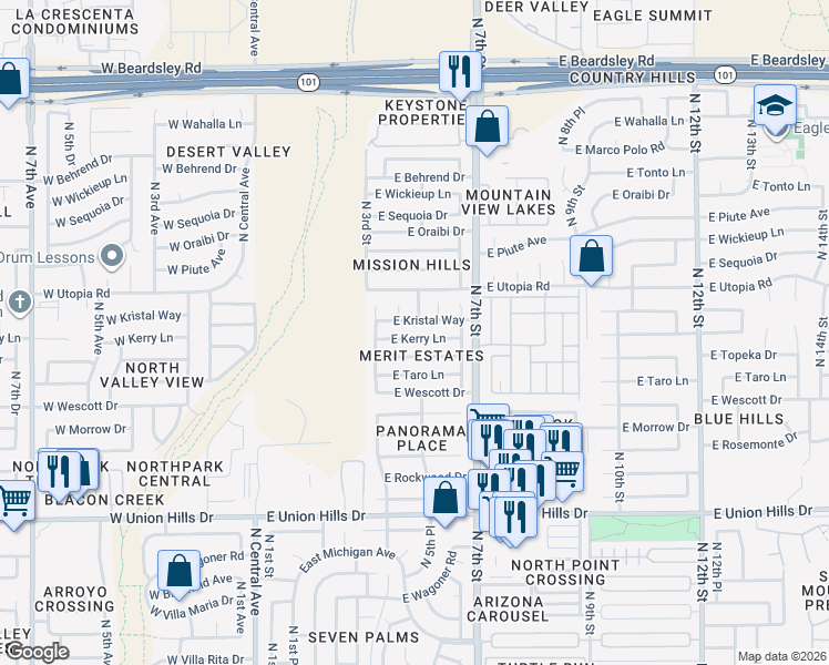map of restaurants, bars, coffee shops, grocery stores, and more near 442 East Kerry Lane in Phoenix