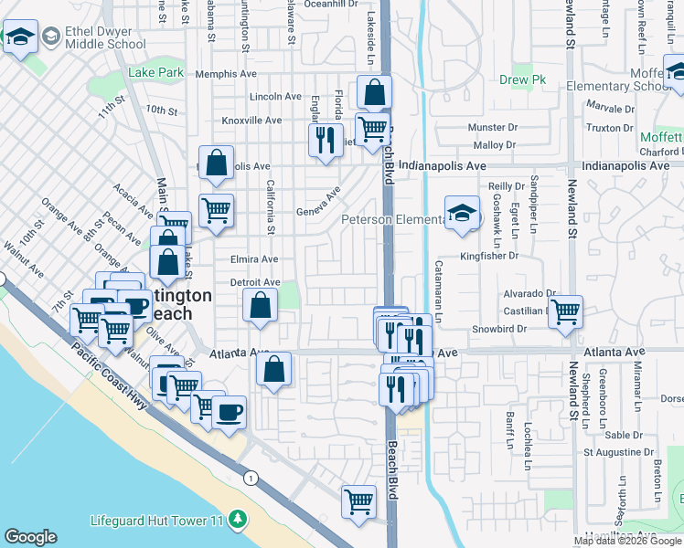 map of restaurants, bars, coffee shops, grocery stores, and more near Coral Lane in Huntington Beach
