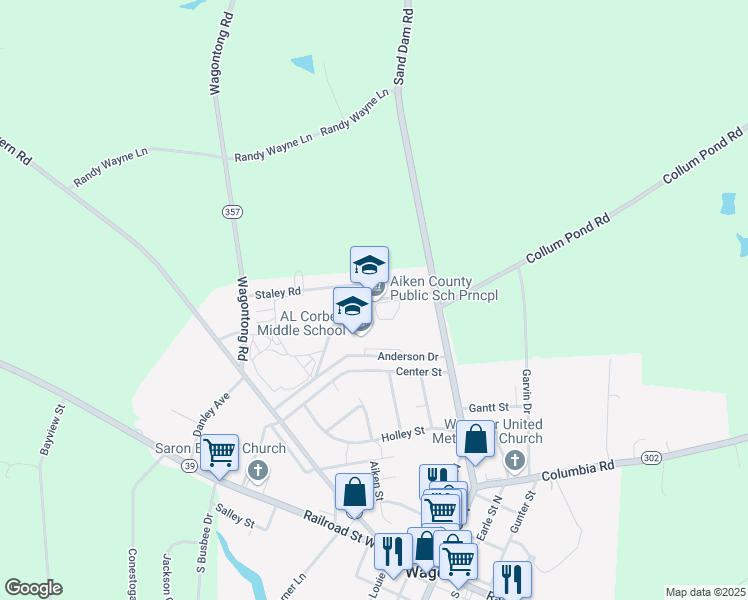 map of restaurants, bars, coffee shops, grocery stores, and more near A L Corbett Circle in Wagener