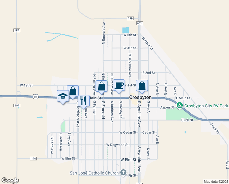map of restaurants, bars, coffee shops, grocery stores, and more near 300-398 West Main Street in Crosbyton