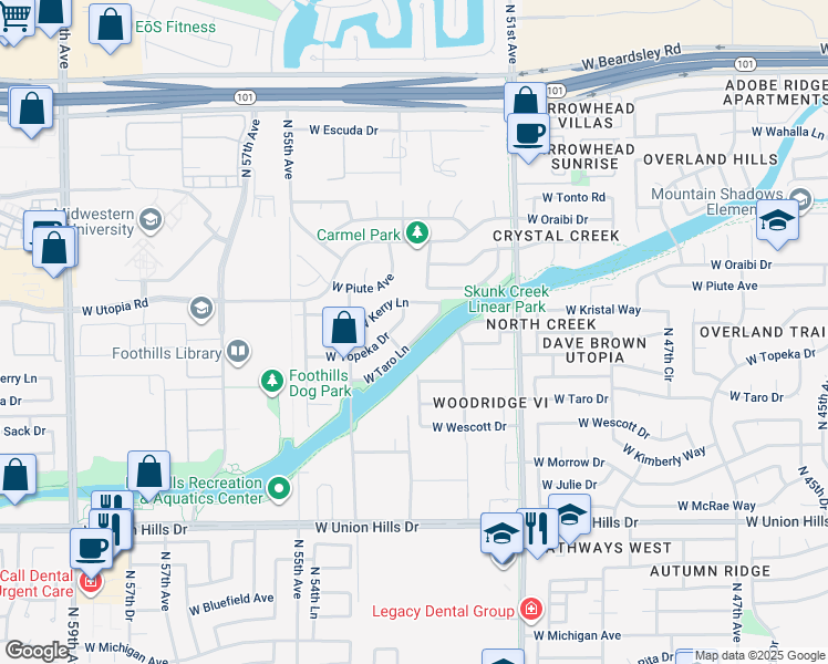 map of restaurants, bars, coffee shops, grocery stores, and more near 5231 West Kristal Way in Glendale
