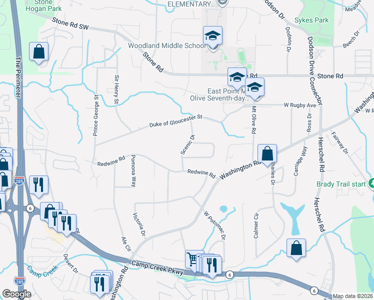 map of restaurants, bars, coffee shops, grocery stores, and more near 2751 Scenic Terrace in East Point