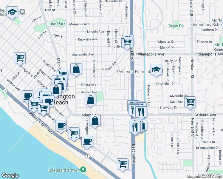 map of restaurants, bars, coffee shops, grocery stores, and more near 20701 Beach Boulevard in Huntington Beach