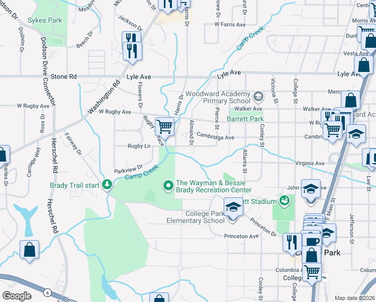 map of restaurants, bars, coffee shops, grocery stores, and more near 3472 Harris Drive in College Park