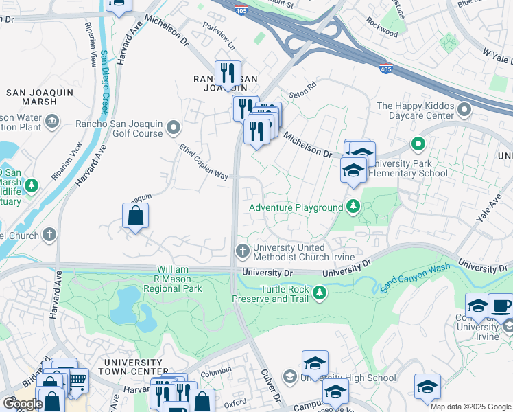 map of restaurants, bars, coffee shops, grocery stores, and more near 4262 Sandburg Way in Irvine