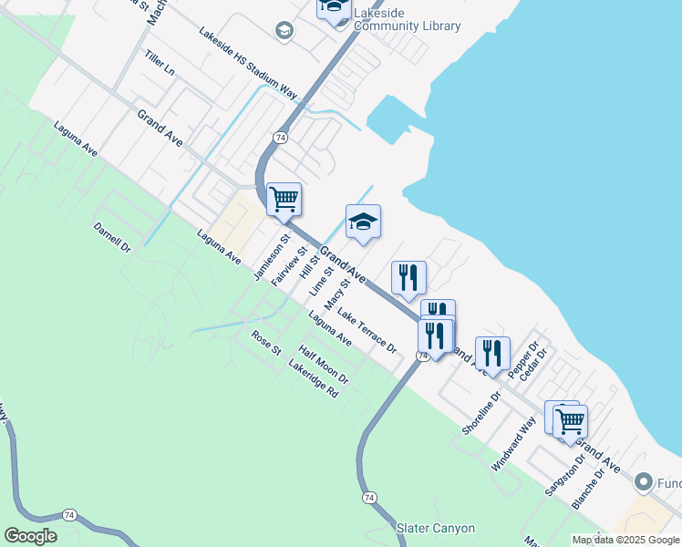 map of restaurants, bars, coffee shops, grocery stores, and more near 33027 Macy Street in Lake Elsinore