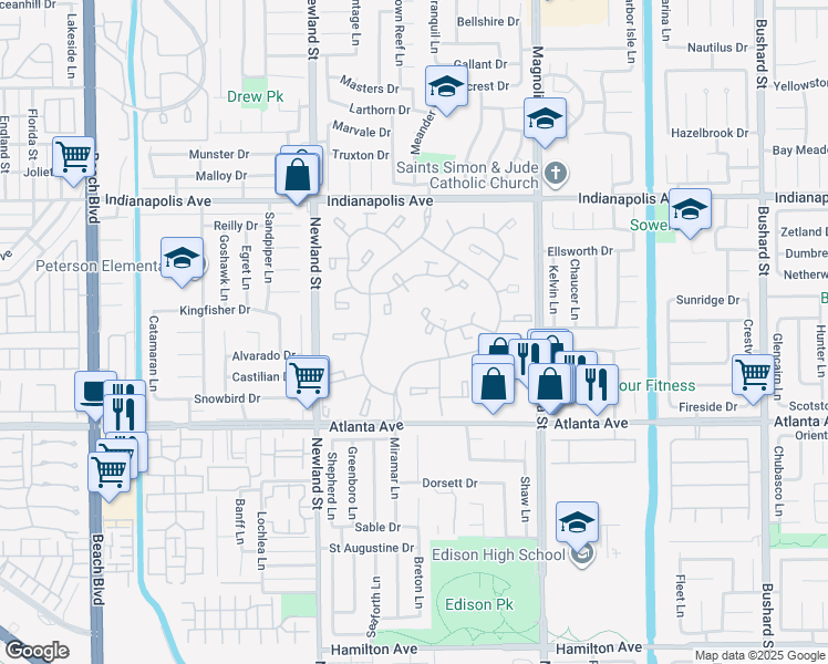 map of restaurants, bars, coffee shops, grocery stores, and more near 8766 Tulare Drive in Huntington Beach