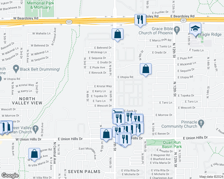 map of restaurants, bars, coffee shops, grocery stores, and more near 19213 North 6th Street in Phoenix