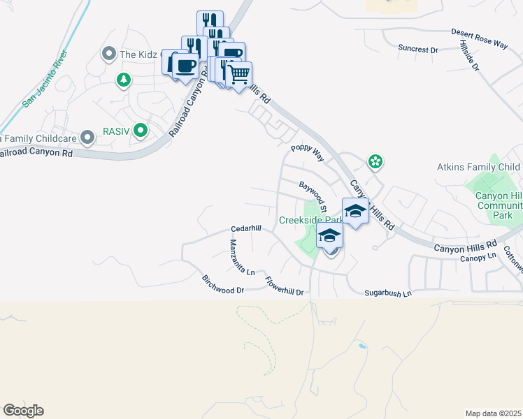 map of restaurants, bars, coffee shops, grocery stores, and more near 31941 Gloxinia Way in Lake Elsinore