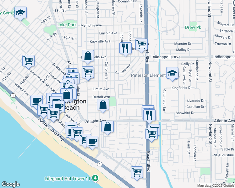 map of restaurants, bars, coffee shops, grocery stores, and more near 20701 Beach Boulevard in Huntington Beach