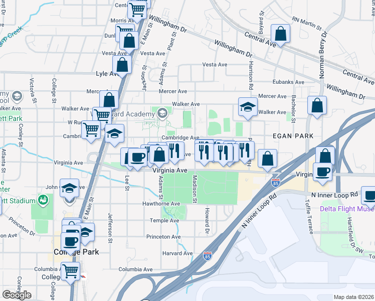 map of restaurants, bars, coffee shops, grocery stores, and more near 1548 Hardin Avenue in College Park