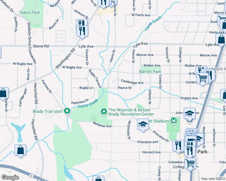 map of restaurants, bars, coffee shops, grocery stores, and more near 2186 Park Terrace in College Park