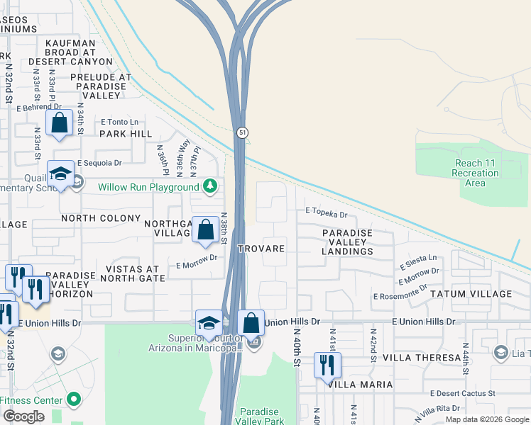 map of restaurants, bars, coffee shops, grocery stores, and more near 3927 East Taro Lane in Phoenix