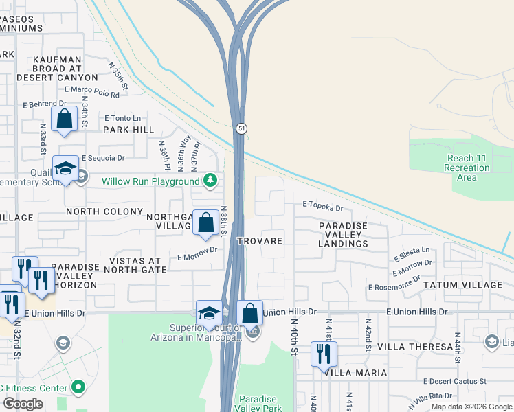 map of restaurants, bars, coffee shops, grocery stores, and more near 3901 East Taro Lane in Phoenix