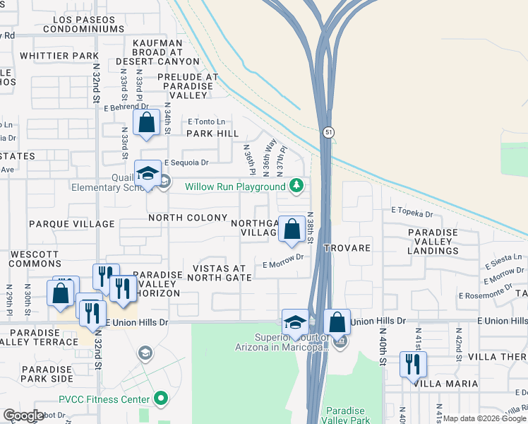 map of restaurants, bars, coffee shops, grocery stores, and more near 19032 North 36th Way in Phoenix