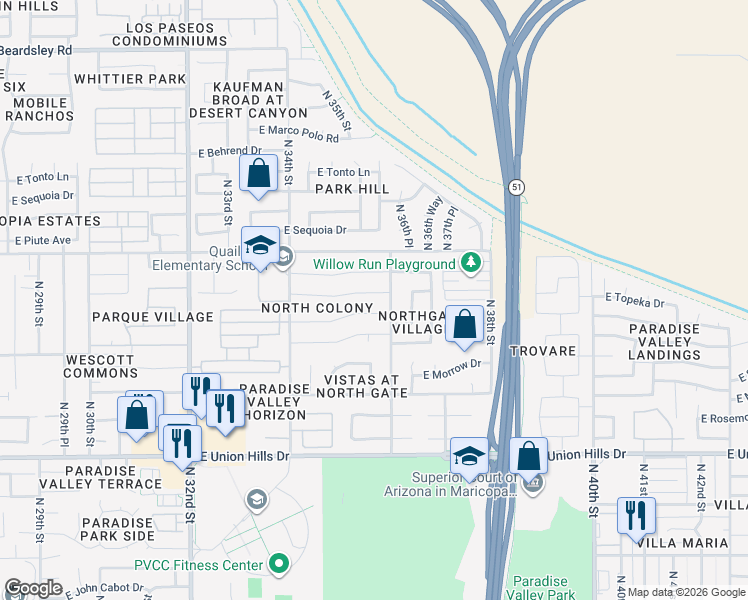 map of restaurants, bars, coffee shops, grocery stores, and more near 3549 East Clark Road in Phoenix