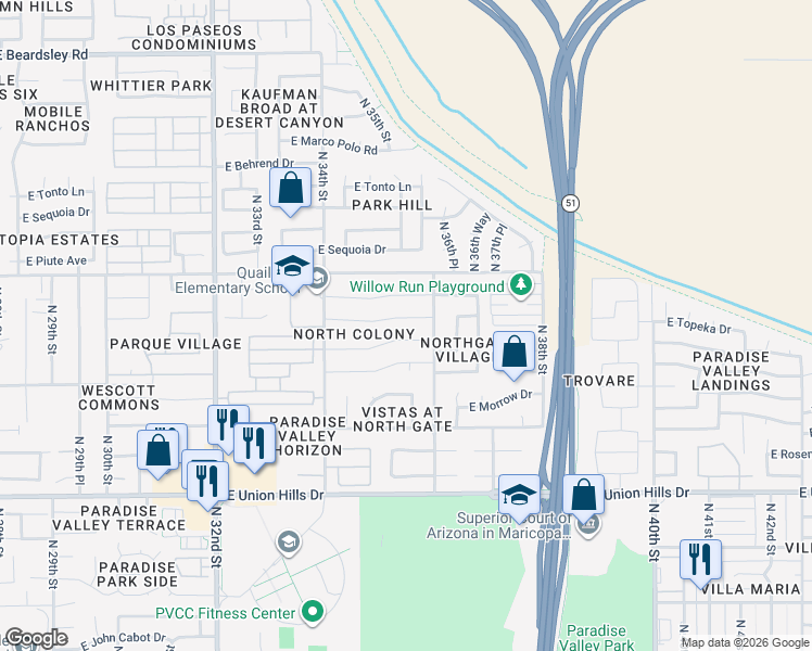 map of restaurants, bars, coffee shops, grocery stores, and more near 3513 East Clark Road in Phoenix