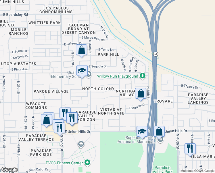 map of restaurants, bars, coffee shops, grocery stores, and more near 3513 East Clark Road in Phoenix