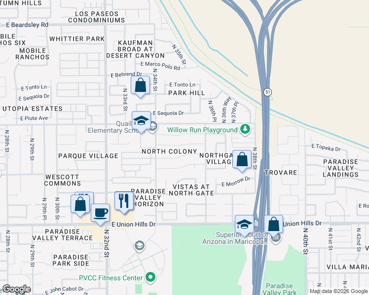 map of restaurants, bars, coffee shops, grocery stores, and more near 3513 East Clark Road in Phoenix