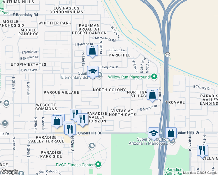 map of restaurants, bars, coffee shops, grocery stores, and more near 3432 East Clark Road in Phoenix