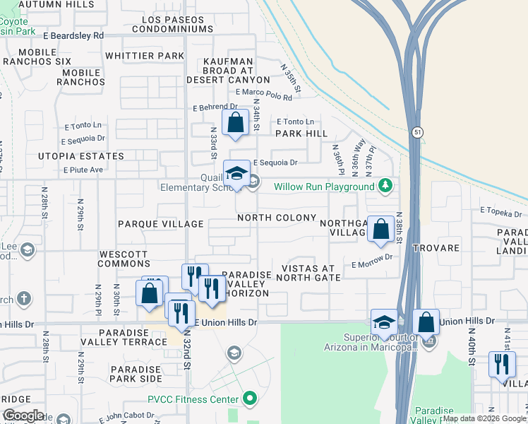 map of restaurants, bars, coffee shops, grocery stores, and more near 19033 North 33rd Way in Phoenix