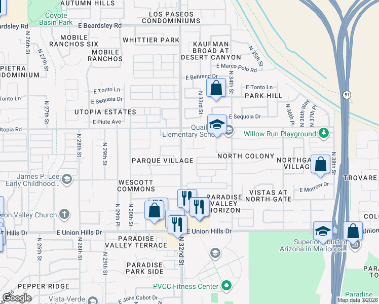 map of restaurants, bars, coffee shops, grocery stores, and more near 19030 North 32nd Way in Phoenix