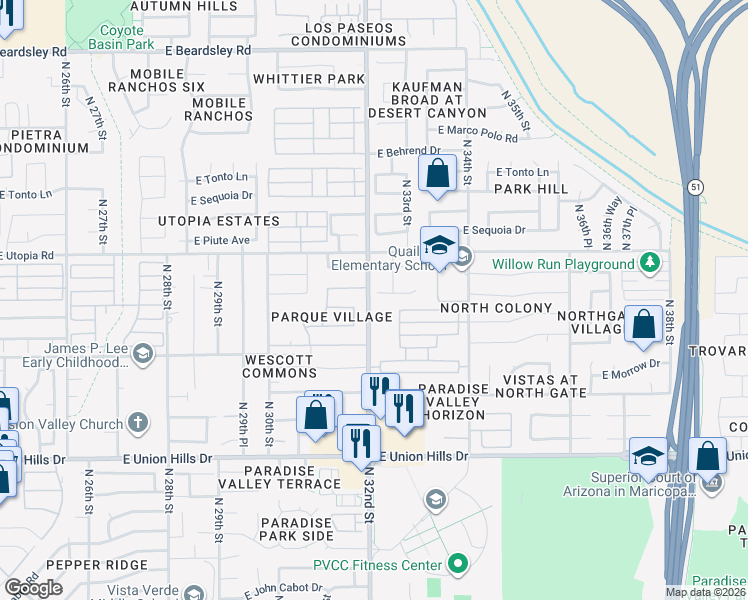 map of restaurants, bars, coffee shops, grocery stores, and more near 19033 North 31st Place in Phoenix