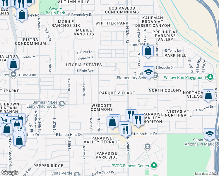 map of restaurants, bars, coffee shops, grocery stores, and more near 3015 East Jeanette Court in Phoenix