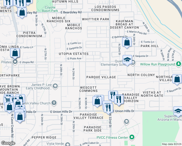 map of restaurants, bars, coffee shops, grocery stores, and more near 3015 East Jeanette Court in Phoenix