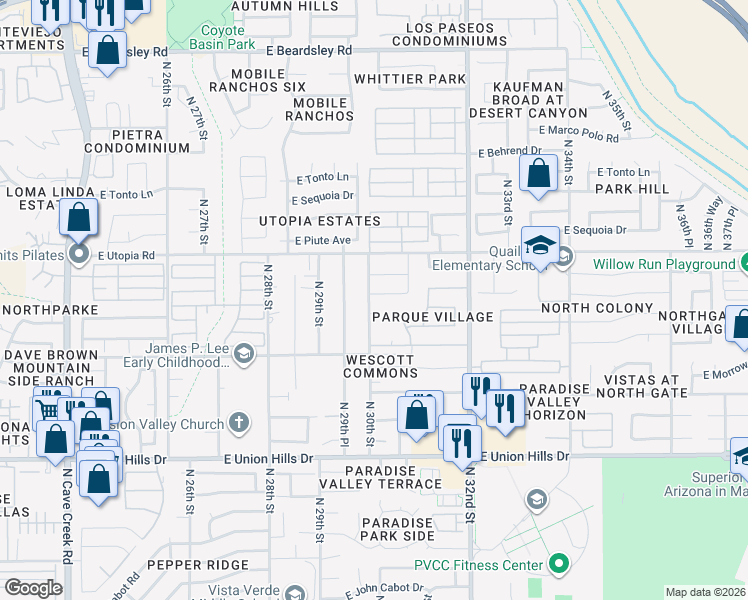 map of restaurants, bars, coffee shops, grocery stores, and more near 3015 East Jeanette Court in Phoenix