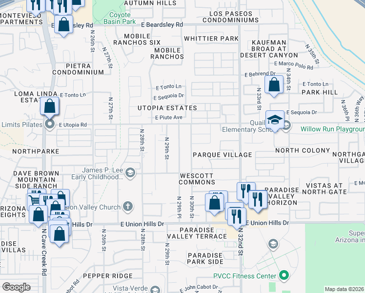 map of restaurants, bars, coffee shops, grocery stores, and more near 19044 North 30th Street in Phoenix