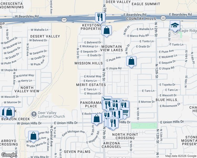map of restaurants, bars, coffee shops, grocery stores, and more near 530 East Topeka Drive in Phoenix