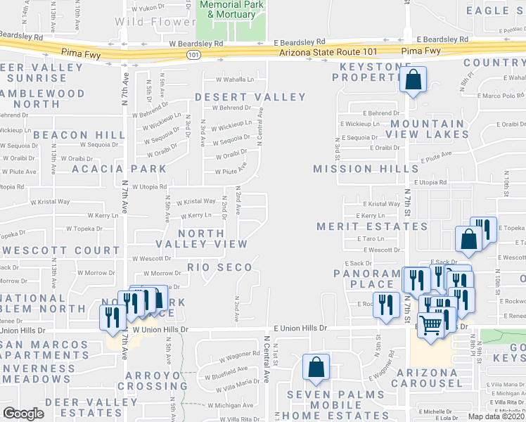 map of restaurants, bars, coffee shops, grocery stores, and more near 2 West Topeka Drive in Phoenix