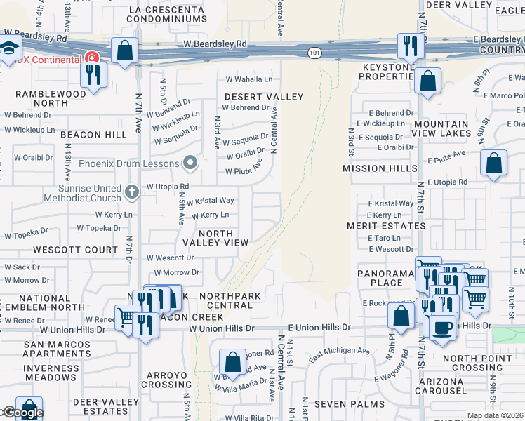 map of restaurants, bars, coffee shops, grocery stores, and more near 109 West Topeka Drive in Phoenix