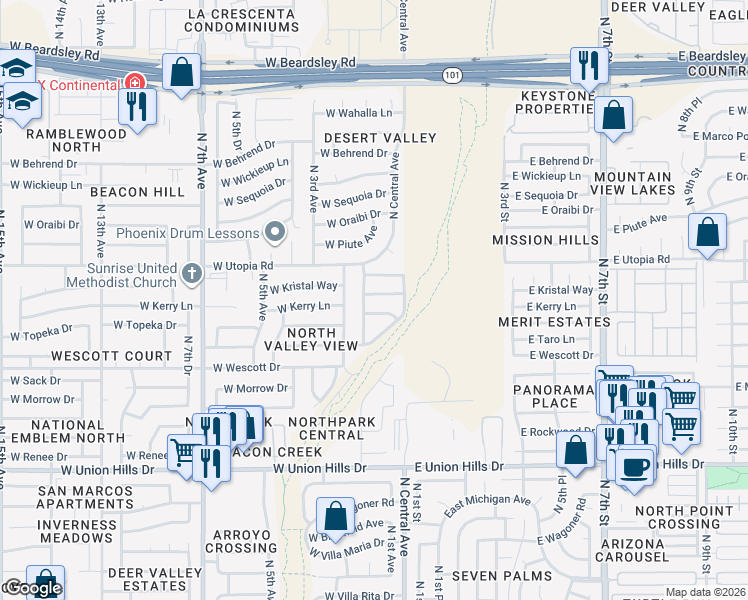 map of restaurants, bars, coffee shops, grocery stores, and more near 109 West Topeka Drive in Phoenix