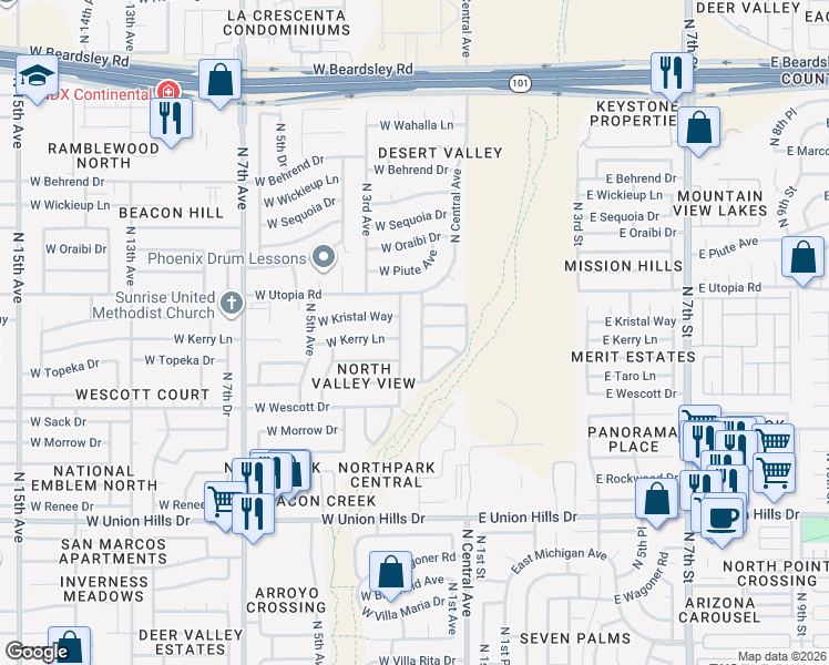 map of restaurants, bars, coffee shops, grocery stores, and more near 109 West Topeka Drive in Phoenix