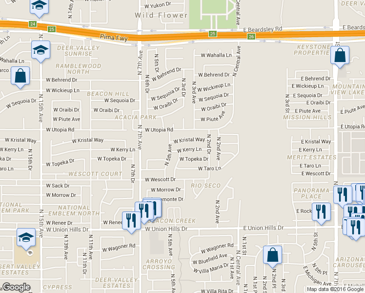 map of restaurants, bars, coffee shops, grocery stores, and more near 314 West Topeka Drive in Phoenix
