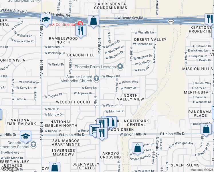 map of restaurants, bars, coffee shops, grocery stores, and more near 530 West Topeka Drive in Phoenix