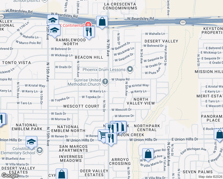 map of restaurants, bars, coffee shops, grocery stores, and more near 19201 North 7th Drive in Phoenix