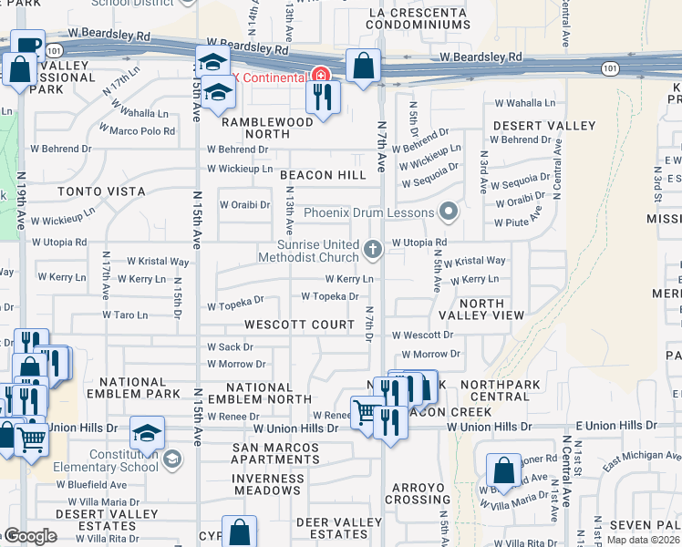 map of restaurants, bars, coffee shops, grocery stores, and more near 802 West Topeka Drive in Phoenix