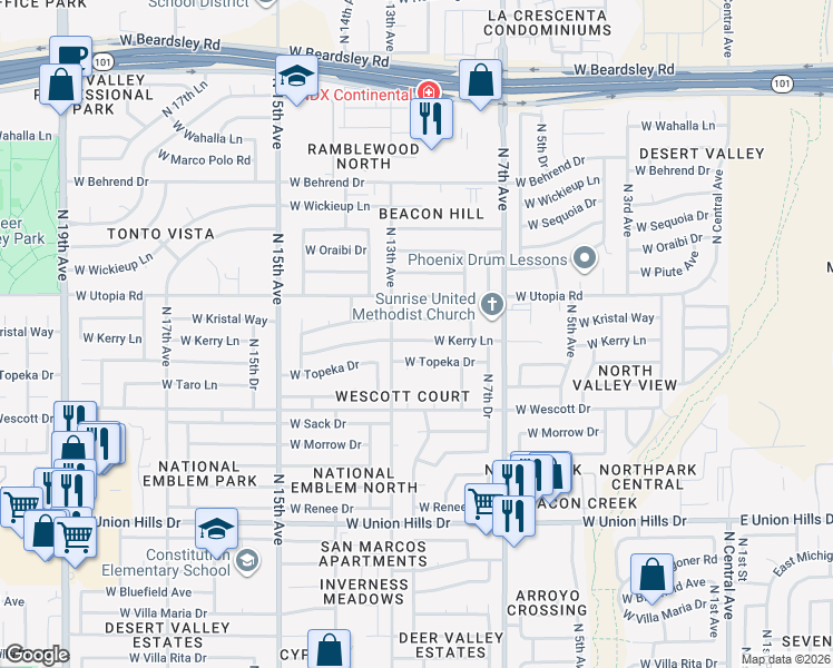 map of restaurants, bars, coffee shops, grocery stores, and more near 1006 West Topeka Drive in Phoenix