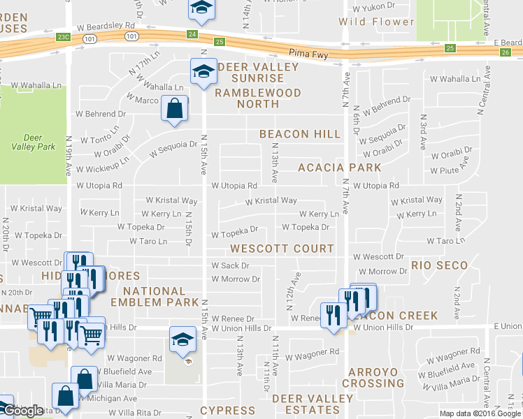 map of restaurants, bars, coffee shops, grocery stores, and more near 19041 North 13th Drive in Phoenix